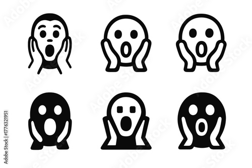 Frightened Expression Logos. Frightened expression. Set Logo of Frightened expression: hands-on-cheeks gasp. harmonious logo variations of the same emblematic