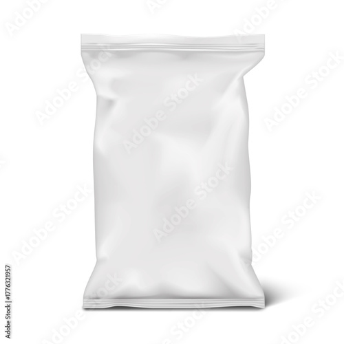 White blank pillow bag front view. Vector 3d mock-up. Food snack pouch package. Realistic mockup. Template for packaging design