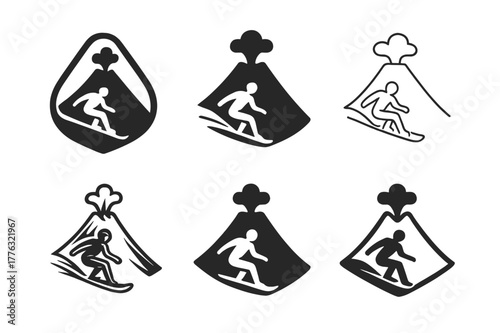 Volcano Boarding Logos. Volcano boarding. Set Logo of Volcano boarding: rider carving ash slope. harmonious logo variations of the same emblematic concept,