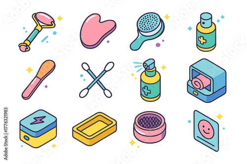 Colorful Skincare Tools Icons. Clean skincare tools. Colorful isometric vector icons set of Clean skincare tools: facial roller, gua sha stone, cleansing