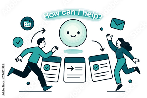 Friendly AI Assistant. AI Assistants. A friendly orb with a subtle face projects task cards into a tidy arc; caption ?How can I help?? glows above. Floating