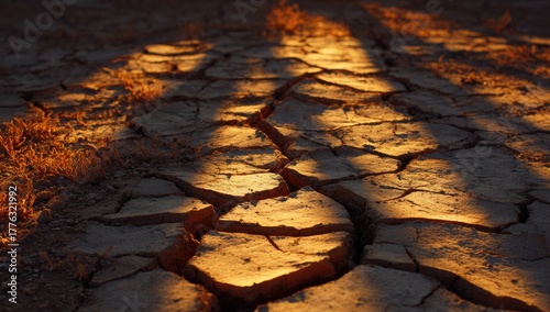 Dried cracked earth under sunlight shadows.
