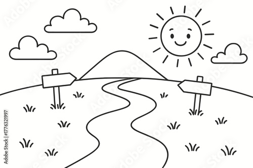 Pilgrimage Path Coloring Page. Pilgrimages and spiritual travel children?s coloring book illustration, outlined drawing, a friendly path winding toward a