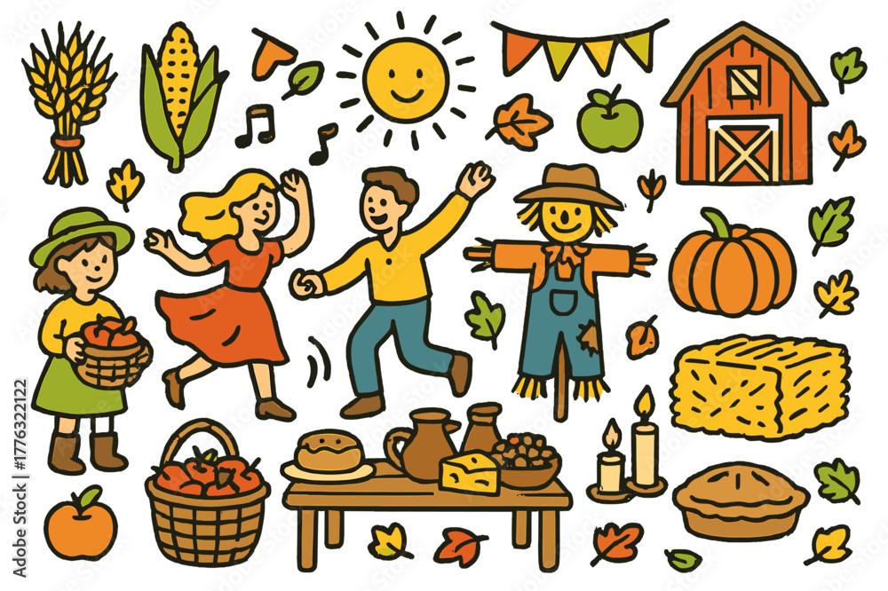 Obraz premium Vibrant Harvest Festival. Harvest festival. Colorful Hand-drawn doodle Children illustration Harvest festival wheat sheaves, corn, pumpkin, baskets, hay bale,
