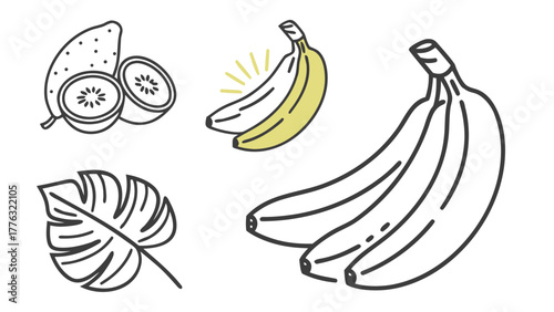 Fresh tropical fruit illustration for summer vibes, vibrant bananas, kiwi, and monstera leaf create a healthy, modern, and minimalist design element