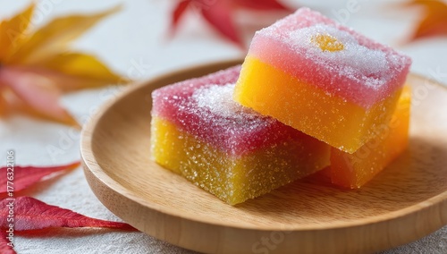 Colorful Japanese Sweet Treats on Wooden Plate with Autumn Leaves.