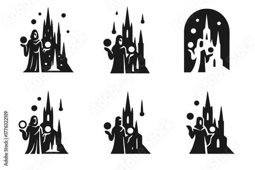 Mystical City Logos. A mystical city with towering spires and floating orbs of light. Set Logo of A mystical city with towering spires and floating orbs of