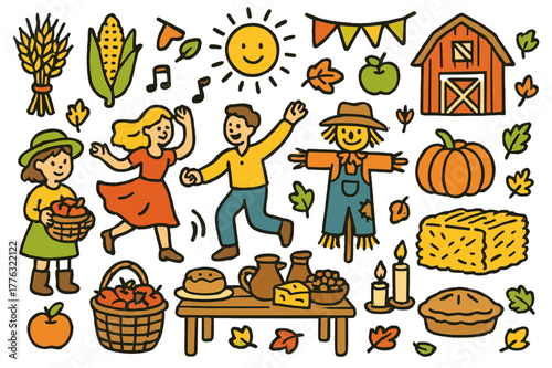 Vibrant Harvest Festival. Harvest festival. Colorful Hand-drawn doodle Children illustration Harvest festival wheat sheaves, corn, pumpkin, baskets, hay bale,