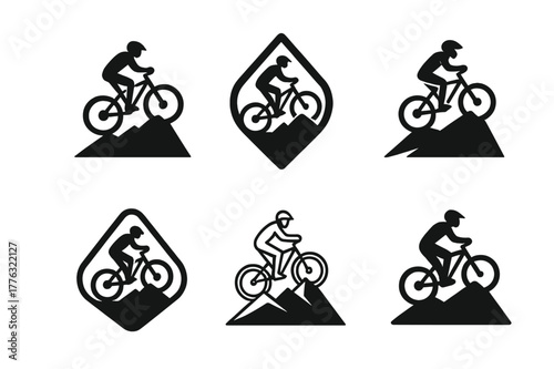Mountain Biking Logos. Mountain biking. Set Logo of Mountain biking: cyclist climbing hill trail. harmonious logo variations of the same emblematic concept,