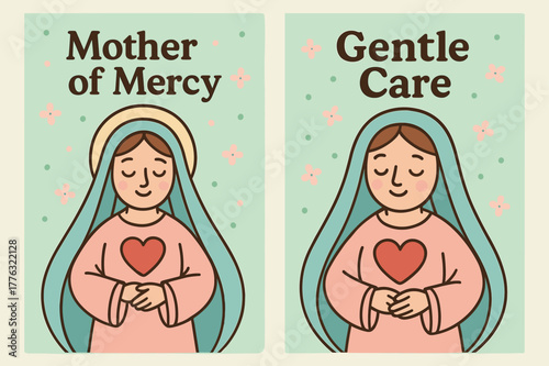 Mother of Mercy Banners. Mother of Mercy. Two vertical A6 banners with safe margins, centered composition, no elements touching edges, cartoon, pastel mint and
