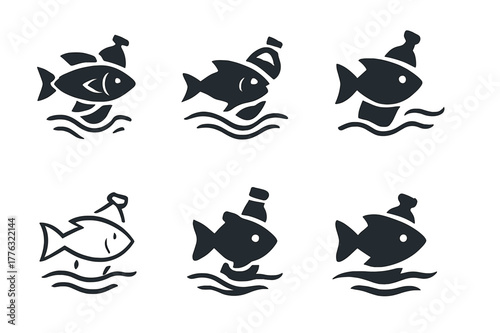 Pollution Wildlife Logos. Pollution and wildlife. Set Logo of Pollution and wildlife: fish swimming past a floating bottle. Icon set. harmonious logo