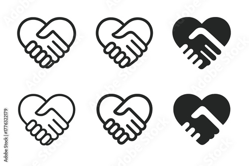 Harmonious Handshake Icons. Building rapport. Set Logo of Building rapport: handshake inside a heart shape. Icon set. harmonious logo variations of the same