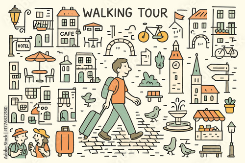 Vibrant Urban Stroll. Walking tour. Hand-drawn doodle illustration person walking (colored), cobblestone street (colored), historic buildings (colored), street