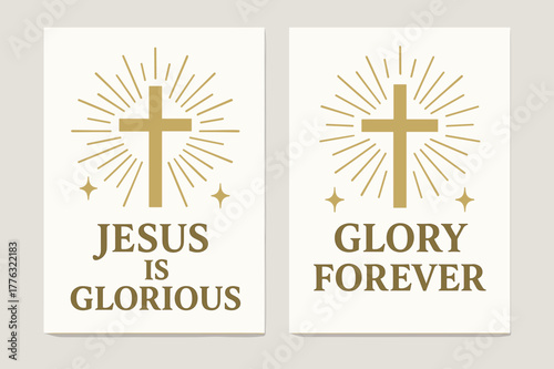 Radiant Cross Banners. Glory of Christ. Two vertical A6 banners with safe margins, centered composition, no elements touching edges, flat vector design, white