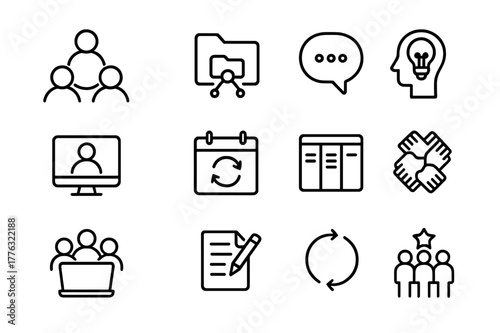 Collaboration Icon Set. Collaboration. Line icon set of Collaboration: people connecting lines, shared folder, chat bubble, brainstorming, video call, calendar