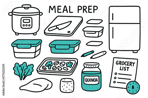 Meal Prep Essentials. // Meal prep. Hand-drawn doodle illustration Meal prep [rice cooker, chopping board, meal boxes (accented), lids, salad greens, roasted