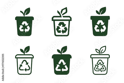 Compost Logo Variations. Composting and waste reduction methods. Set Logo of composting and waste reduction methods: organic waste sorting bins. Icon set.