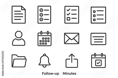 Meeting Essentials Icons. Follow-up and Minutes. Line icon set of Follow-up and Minutes: meeting minutes document, attendance list, decisions check, action