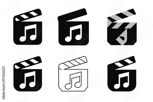 Diverse Talent Show Logos. Talent shows and auditions. Set Logo of Talent shows and auditions: clapperboard with music note. Icon set. harmonious