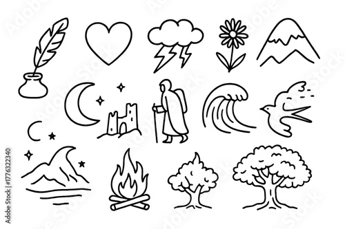 Romantic Symbols Doodles. Romanticism in poetry and prose. Hand-drawn doodle illustration Romanticism in poetry and prose quill, heart, storm cloud, lightning,