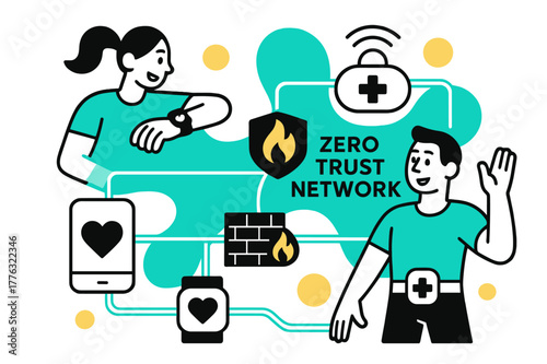 Healthcare Network Security. Cybersecurity for healthcare devices ? Network protection grid. Interconnected wearables linked by glowing lines; firewall icons