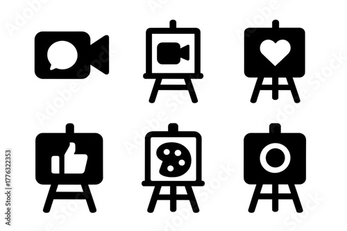 Art Meets Technology. The impact of social media on the art world. Set Logo of livestream camera with easel: Symmetrical form, Minimal outline, Stylized
