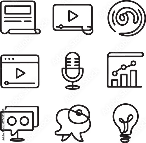 A set of line art icons for content creation: video, podcast, blog, and idea