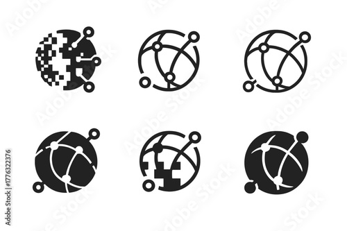 Digital Economy Logos. Digital economy. Set Logo of Digital economy: pixelated globe with nodes. harmonious logo variations of the same emblematic concept,