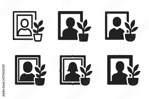 Family Decor Icons. Personalizing home decor with family photos. Set Logo of personalizing home decor with family photos: photo frame with plant decor. Icon