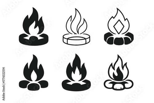 Bonfire Icon Variations. Bonfire. Set Logo of bonfire: firepit ring. Icon set. harmonious logo variations of the same emblematic concept, each with different