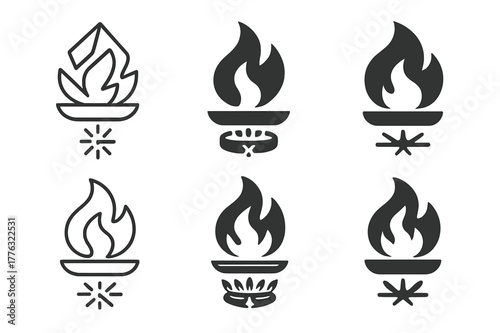 Flame Inspired Logo Variations. A chef flambeing a dish with a burst of flames in a pan. Set Logo of burner ignition: gas ring sparking into flame under pan.