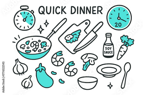 Quick Dinner Doodle. // Quick dinner. Hand-drawn doodle illustration Quick dinner [timer (accented), wok (accented), cutting board, knife (accented), garlic,