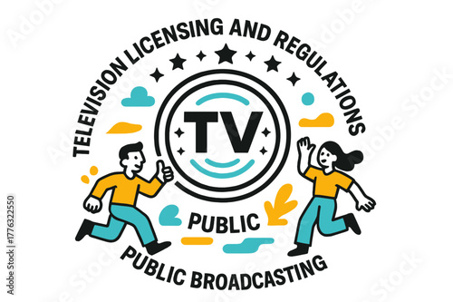 Television License Badge. Television licensing and regulations ? Public broadcasting badge. A large circular logo with a stylized ?TV? core radiates gentle