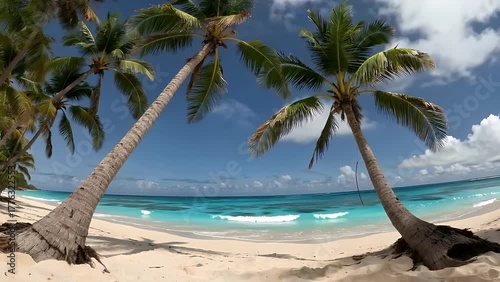 wide-angled photograph capturing a peaceful shoreline with palm trees  light-colored sand  and clear blue-green water under a bright sky with