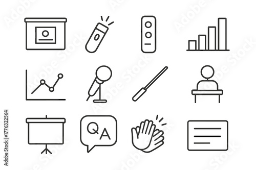 Presentation Icon Set. Presentation. Line icon set of Presentation: slide deck, laser pointer, clicker remote, bar chart, line graph, microphone, pointer