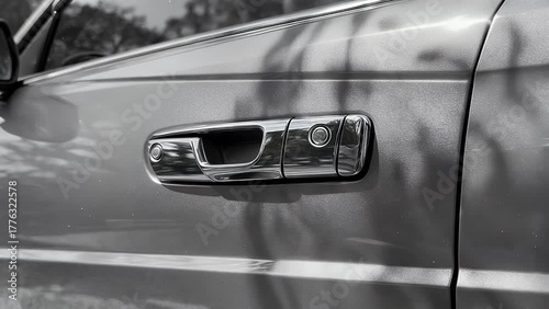 Study in Light and Shadow on the Textured Surface of a Black and White Automobile Door with a Metallic