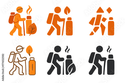 Fall Hiking Logos. Outdoor activities like hiking in the fall. Icon set. Set Logo of outdoor activities like hiking in the fall: insulated thermos with steam.