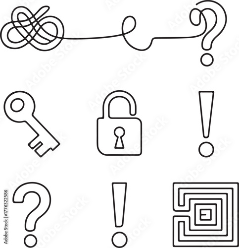 A set of line art icons for problem solving: maze, key, lock, and question