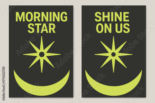 Morning Star Banners. Morning Star. Two vertical A6 banners with safe margins, centered composition, no elements touching edges, geometric, charcoal and neon