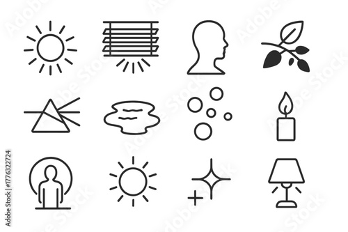 Light and Shadow Icons. Light and Shadow. Line icon set of Light and Shadow: sunbeam, window blinds, silhouette, shadow of leaves, prism rainbow, reflection