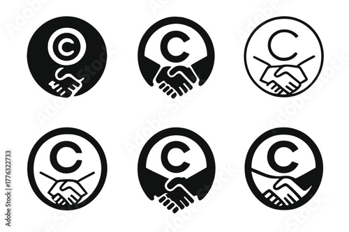 Creative Copyright Logos. Lawyers and clients discussing intellectual property cases. Set Logo of copyright agreement: ? symbol with handshake. Icon set.