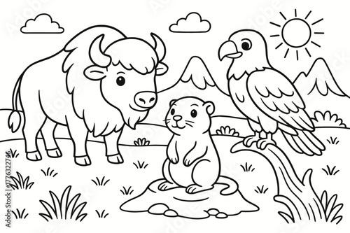 Prairie Animals Coloring. Prairie animals children?s coloring book illustration, outlined drawing, bison, prairie dog, and eagle in a western grassland scene,