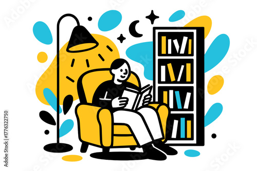 Cozy Reading Corner. Creating a cozy reading nook with a big armchair, a floor lamp, and a bookshelf filled with books, surrounded by warm and cozy abstract