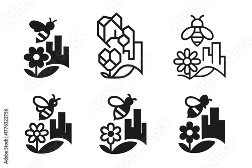 Urban Beekeeping Icons. Suburban beekeeping with urban landscapes. Set Logo of Suburban beekeeping with urban landscapes: bee hovering over flower with city