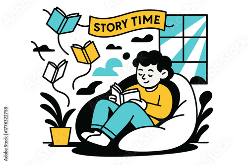 Floating Books Playroom. Playroom ? Cozy reading corner. A kid curls up on a beanbag while floating books drift like kites; a paper banner whispers ?STORY