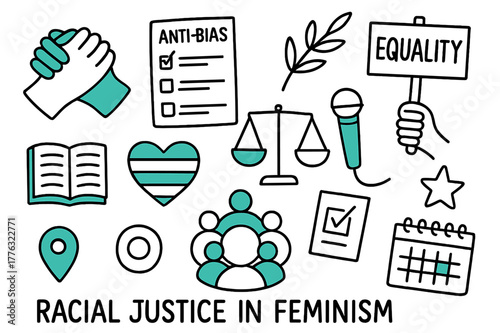 Feminism Unity Icons. Racial justice in feminism. Hand-drawn doodle illustration racial justice in feminism clasped hands (accented), anti-bias checklist,