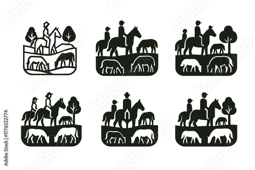 Horse Riding Logos. A family riding horses through a farm?s open pasture. Icon set. Set Logo of a family riding horses through a farm?s open pasture: grazing