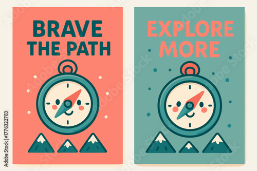 Kawaii Adventure Banners. Adventure. Two vertical A6 banners with safe margins, centered composition, no elements touching edges, kawaii, coral and teal,