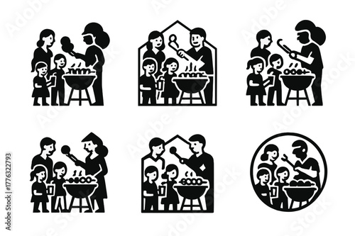 Family BBQ Logo Variations. A family enjoying a BBQ in the backyard, with grilled meats and vegetables. Set Logo of A family enjoying a BBQ in the backyard,