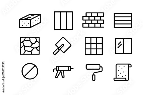 Exterior Materials Icons. Exterior Materials. Line icon set of Exterior Materials: concrete block, metal panel, brick wall, wood slat, stone veneer, stucco